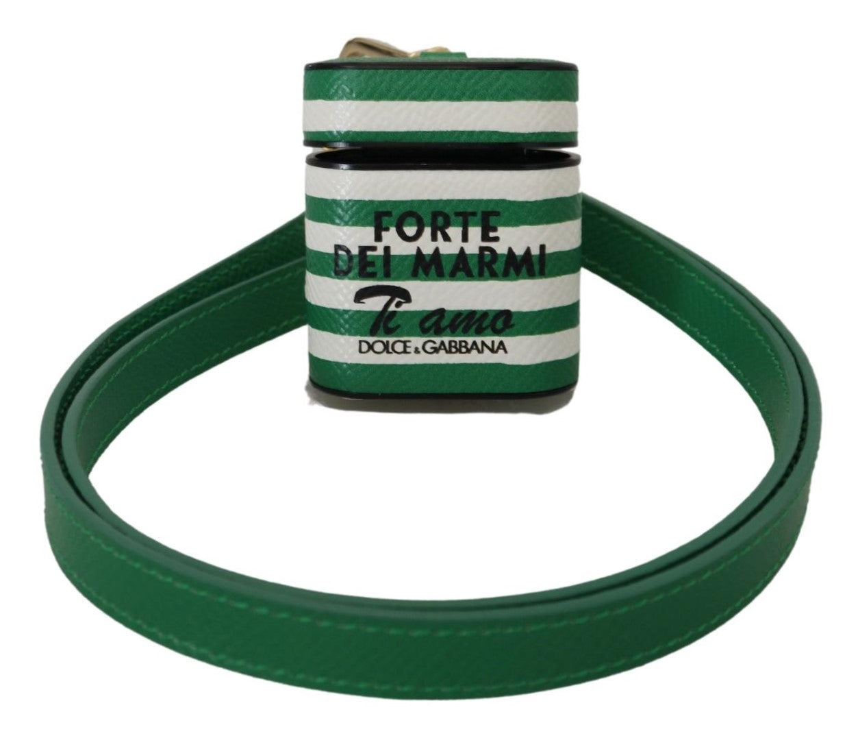 Étui pour Airpods Dolce &amp; Gabbana avec bracelet en cuir vert et logo en métal doré