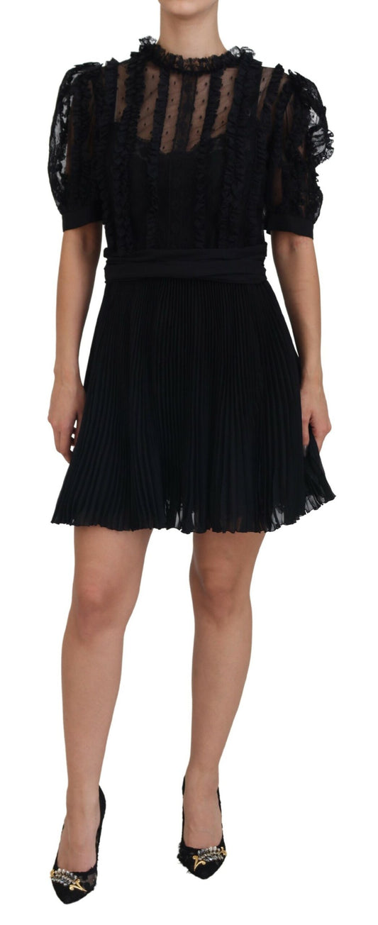 Robe courte trapèze en nylon à bordure en dentelle noire Dolce &amp; Gabbana