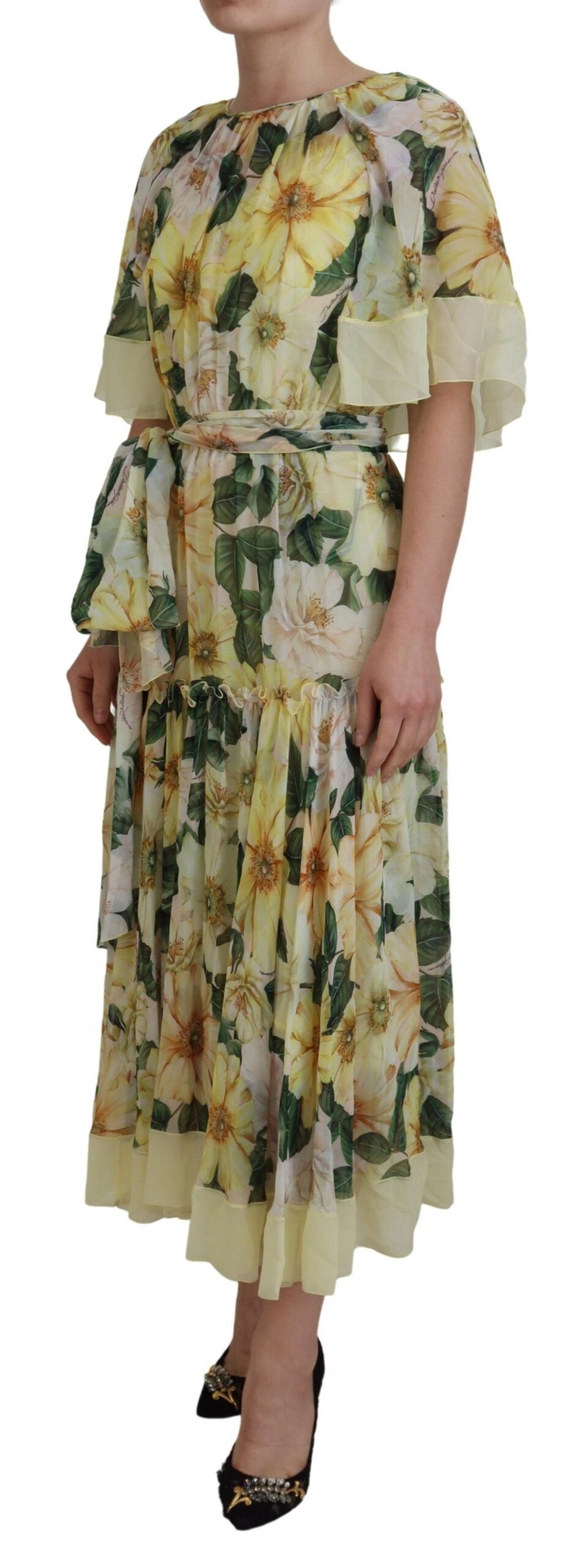 Robe longue longue en soie à imprimé floral multicolore Dolce &amp; Gabbana