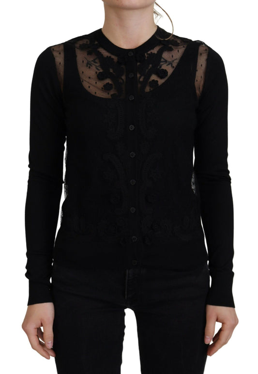 Pull cardigan noir à boutons en dentelle florale Dolce &amp; Gabbana