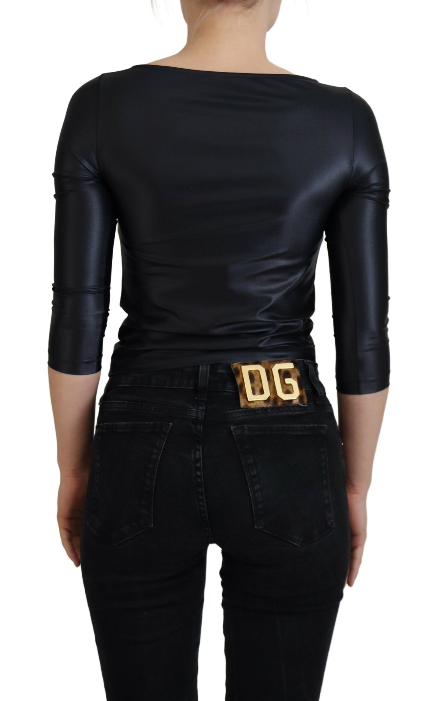 Dolce &amp; Gabbana Haut en coton stretch noir à manches 3/4 et poitrine ouverte