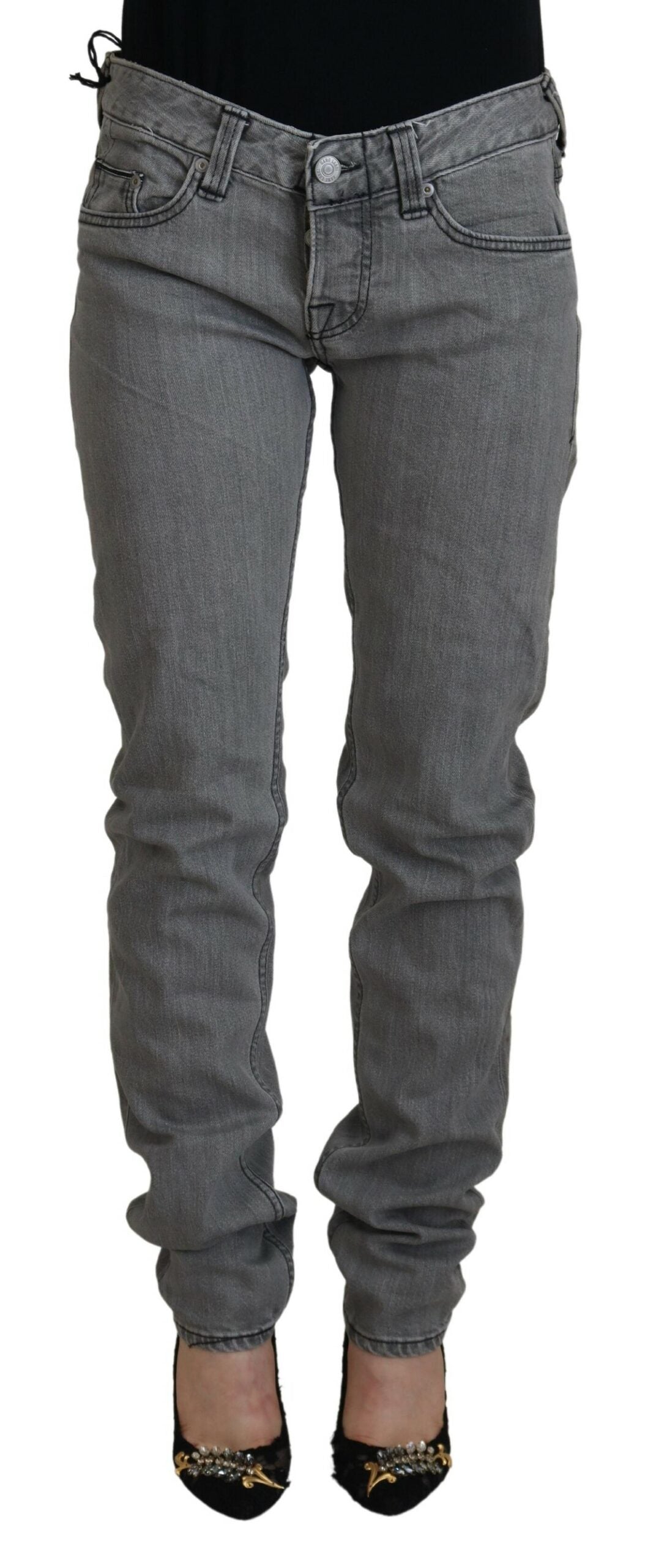 Pflegeetikett Grau gewaschene Baumwolle Skinny Damen Casual Denim Jeans