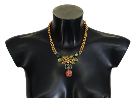 Collier Dolce &amp; Gabbana en laiton doré avec logo en cristal et motif floral fruité