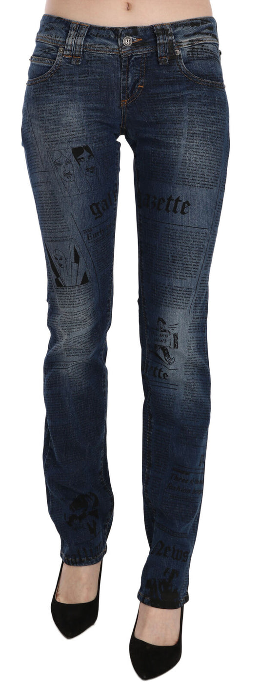Pantalon skinny taille basse en denim bleu à imprimé journal John Galliano