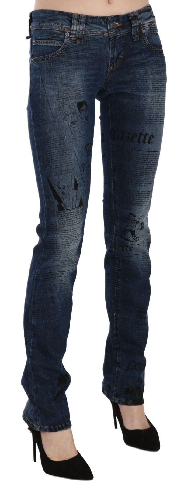 Pantalon skinny taille basse en denim bleu à imprimé journal John Galliano
