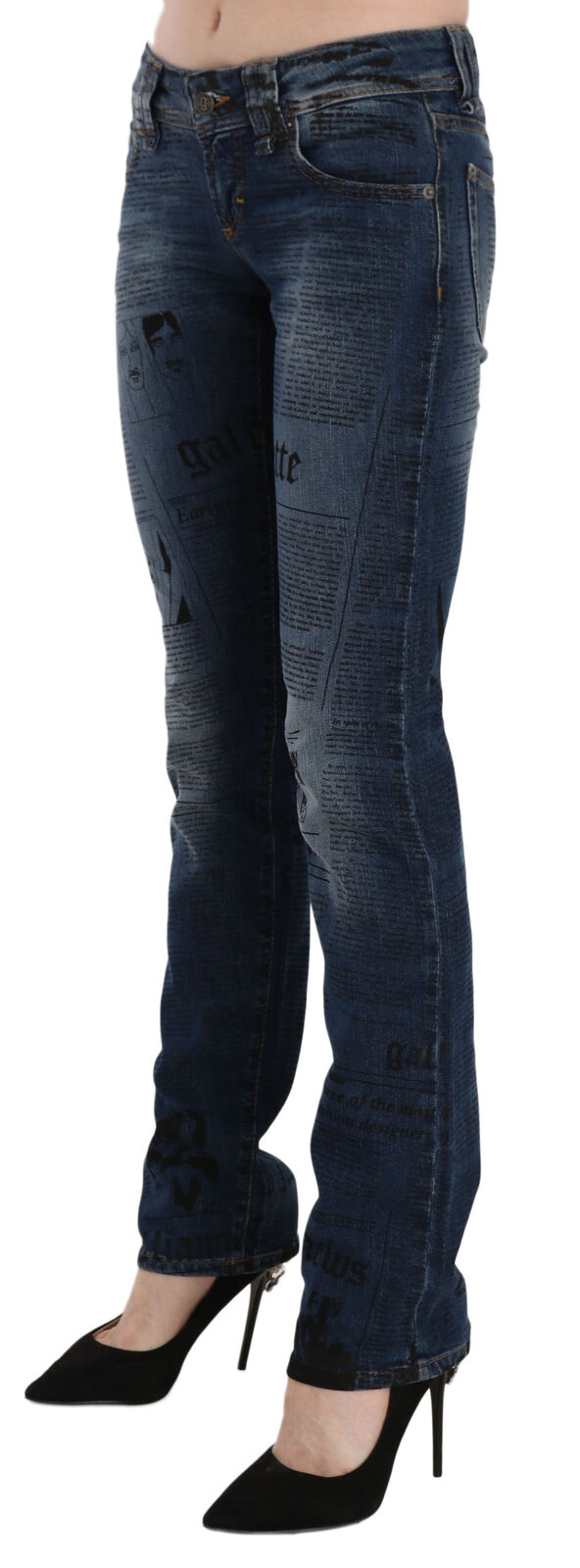 Pantalon skinny taille basse en denim bleu à imprimé journal John Galliano
