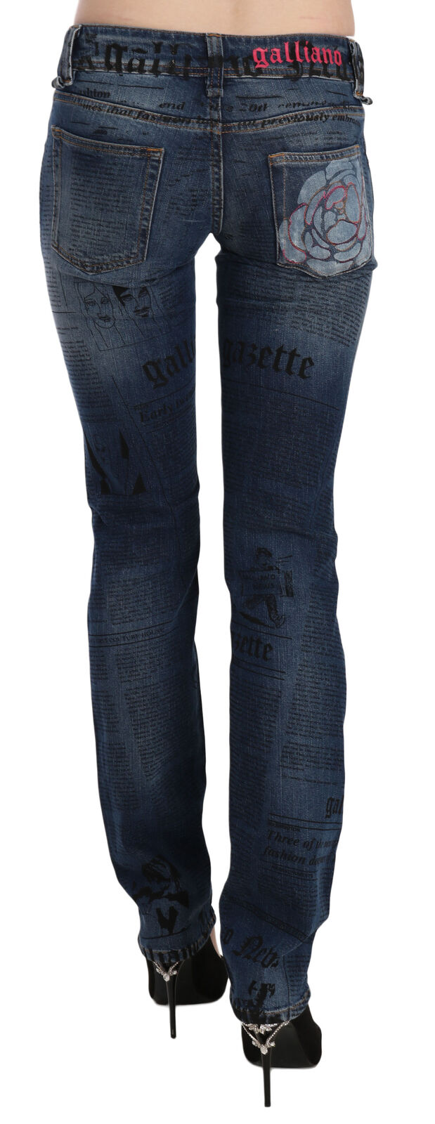 Pantalon skinny taille basse en denim bleu à imprimé journal John Galliano