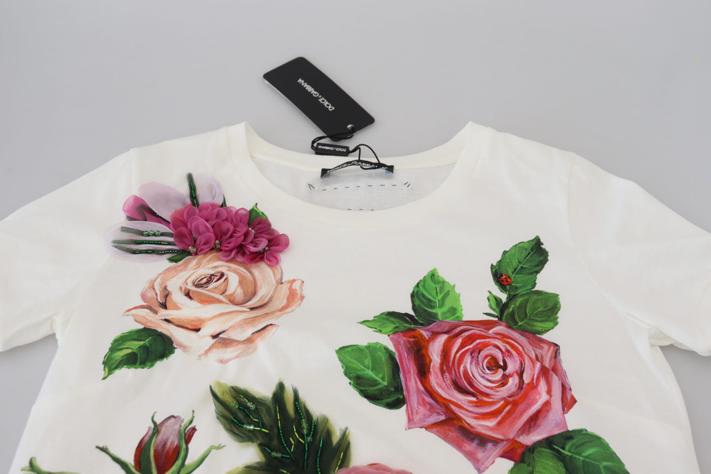 Dolce &amp; Gabbana – Kurzärmliges Oberteil mit weißem Rosen-DG-Logo-Print