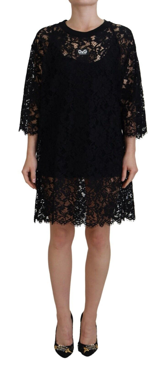Robe courte droite en coton et dentelle florale noire Dolce &amp; Gabbana