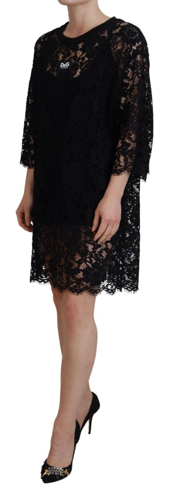 Robe courte droite en coton et dentelle florale noire Dolce &amp; Gabbana