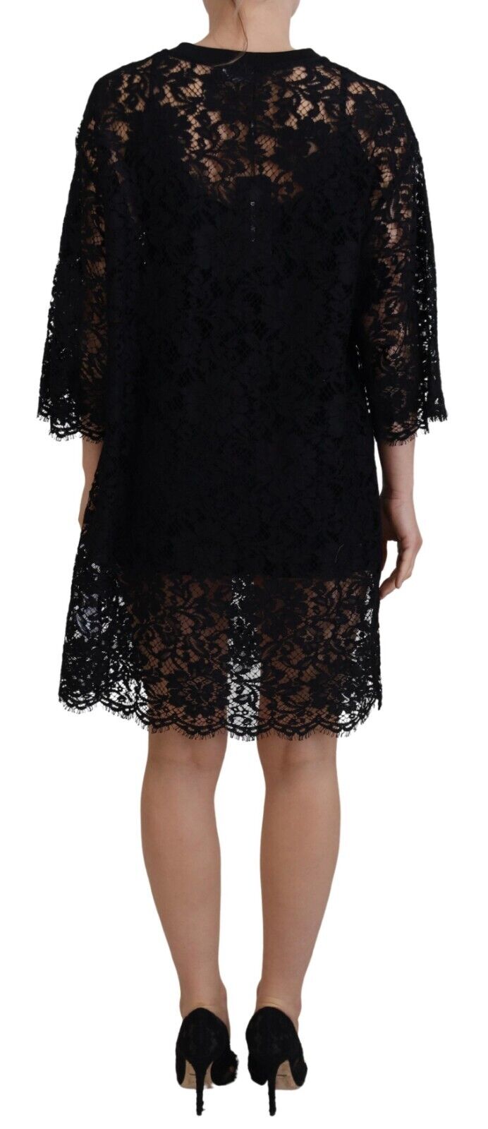 Robe courte droite en coton et dentelle florale noire Dolce &amp; Gabbana