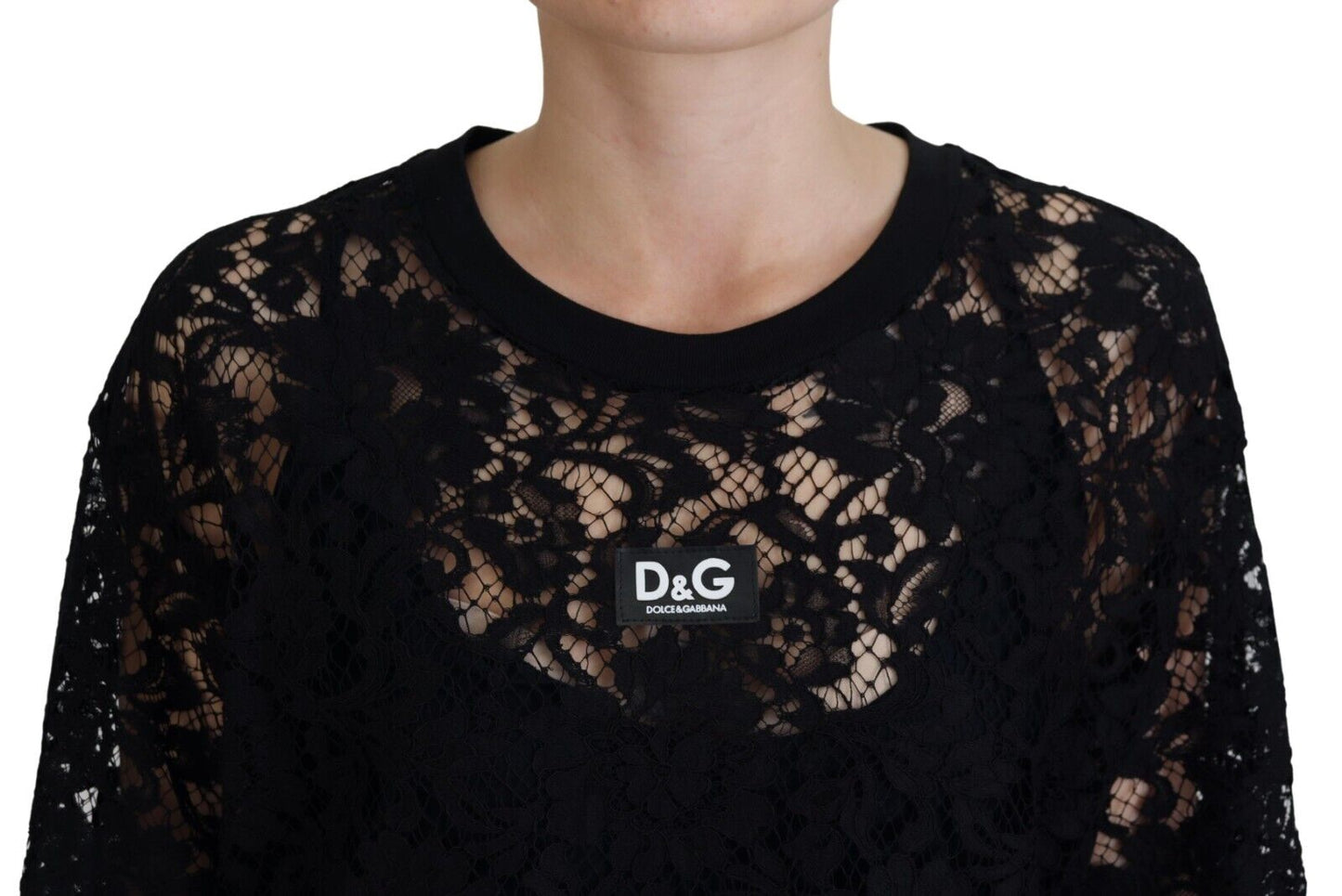 Robe courte droite en coton et dentelle florale noire Dolce &amp; Gabbana