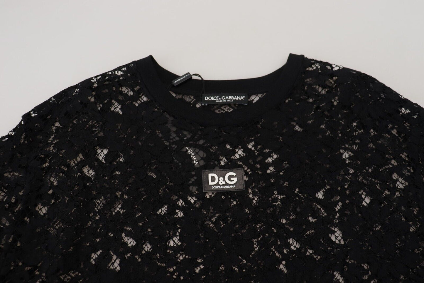 Robe courte droite en coton et dentelle florale noire Dolce &amp; Gabbana