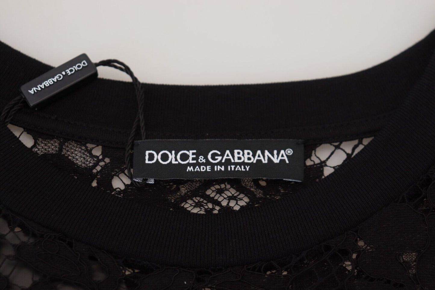 Robe courte droite en coton et dentelle florale noire Dolce &amp; Gabbana