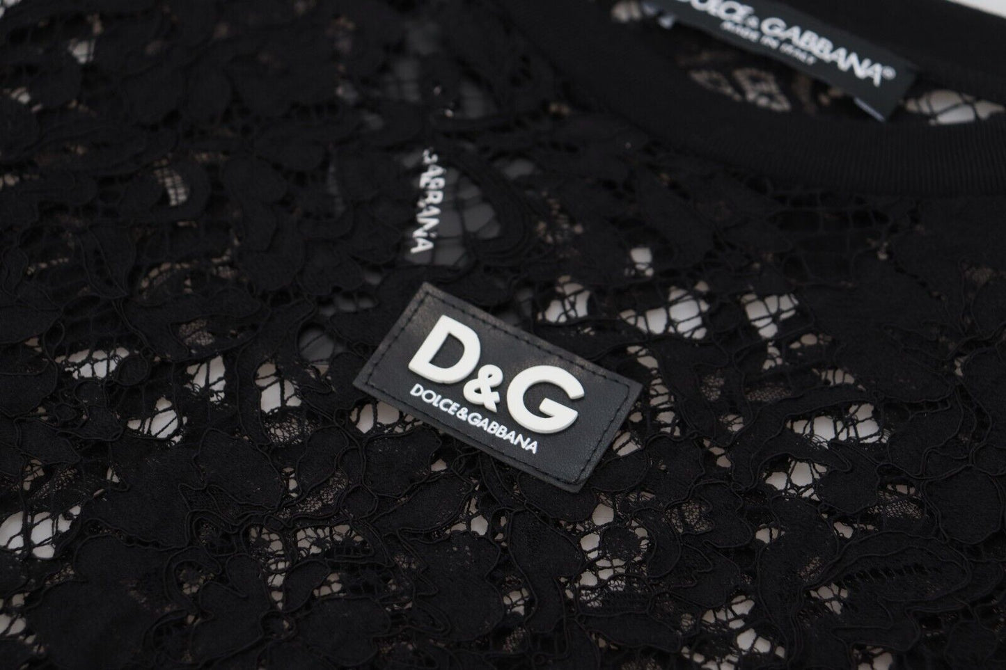 Robe courte droite en coton et dentelle florale noire Dolce &amp; Gabbana