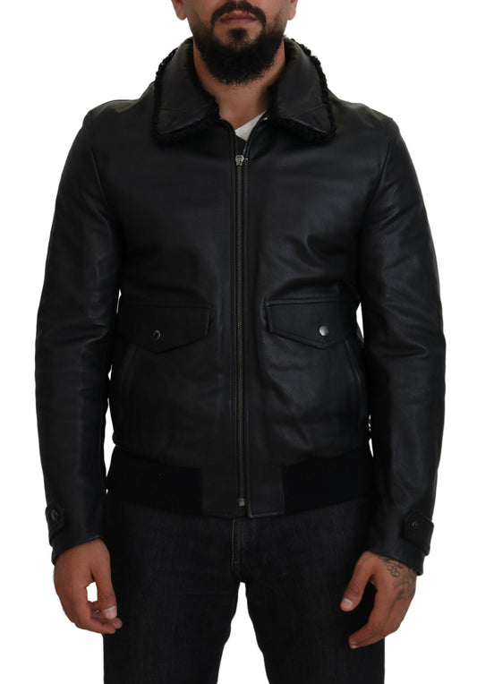 Dolce & Gabbana Black Lamb Leather Collared Men Coat Jacket