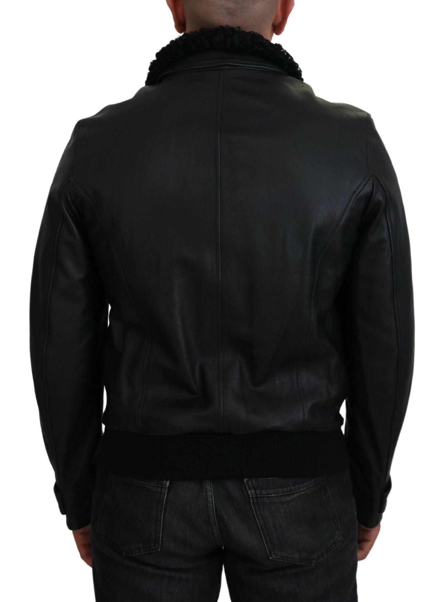 Dolce & Gabbana Black Lamb Leather Collared Men Coat Jacket