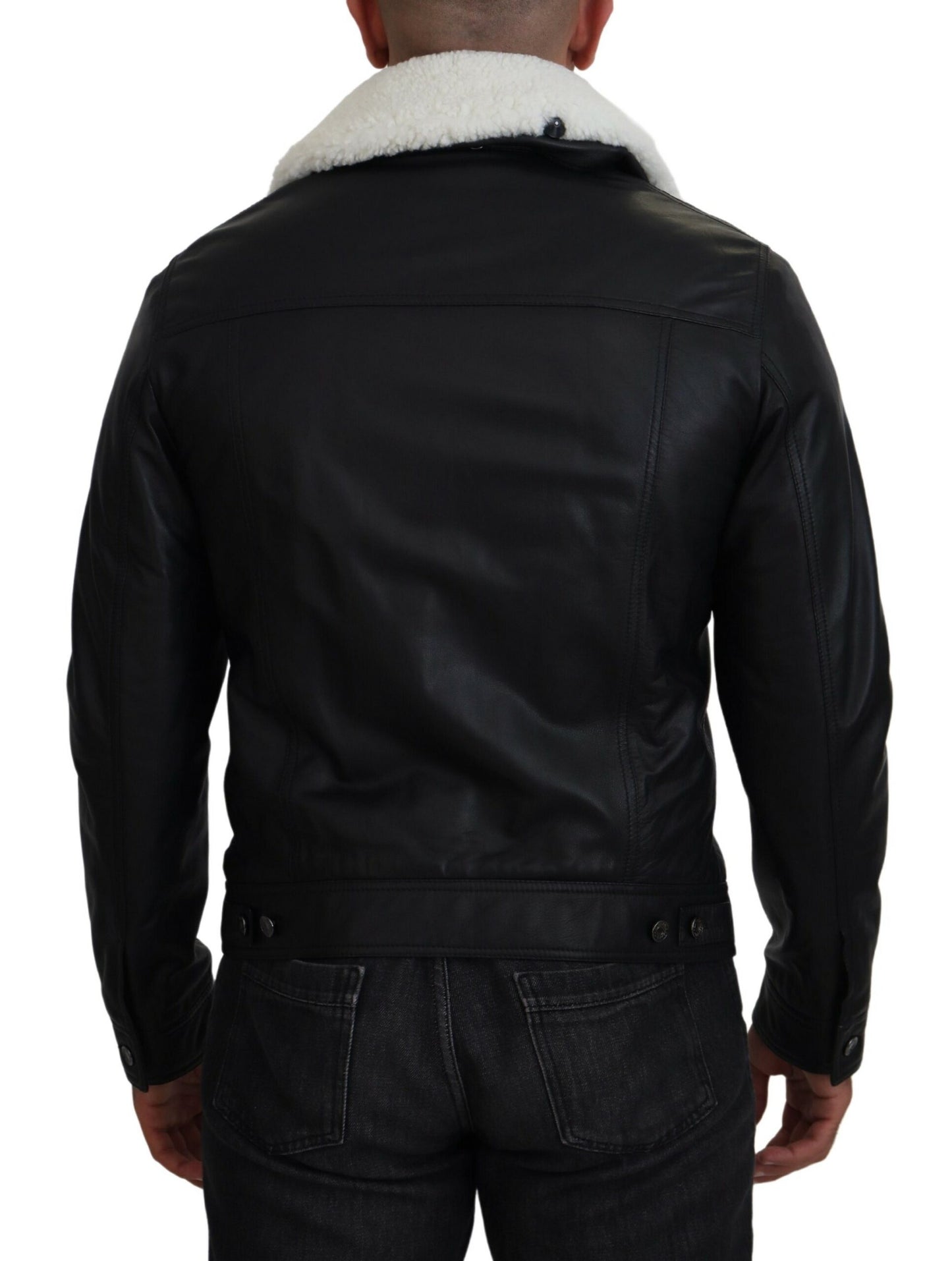 Dolce & Gabbana Black Lamb Leather Collared Men Coat Jacket