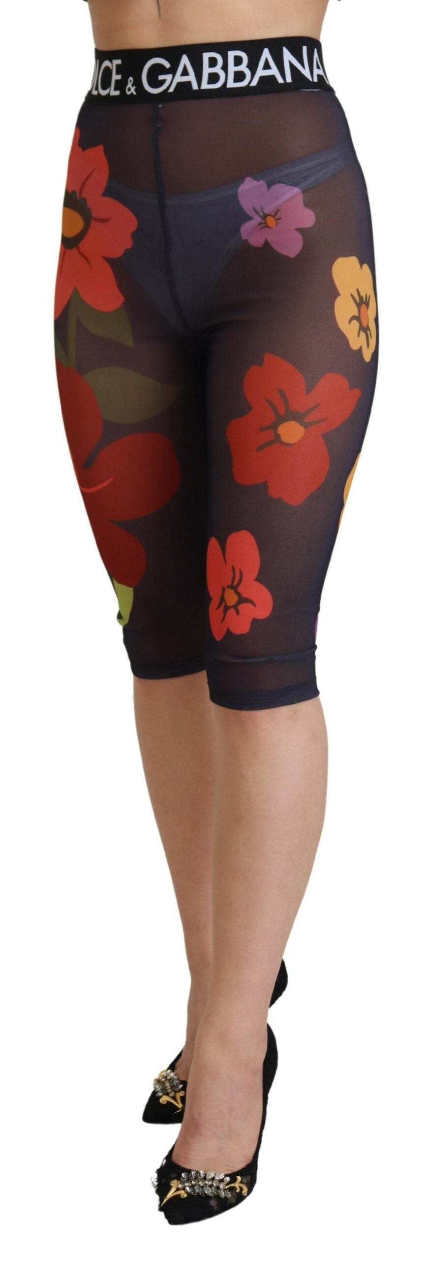 Dolce &amp; Gabbana Leggings à fleurs noires Pantalon taille extensible
