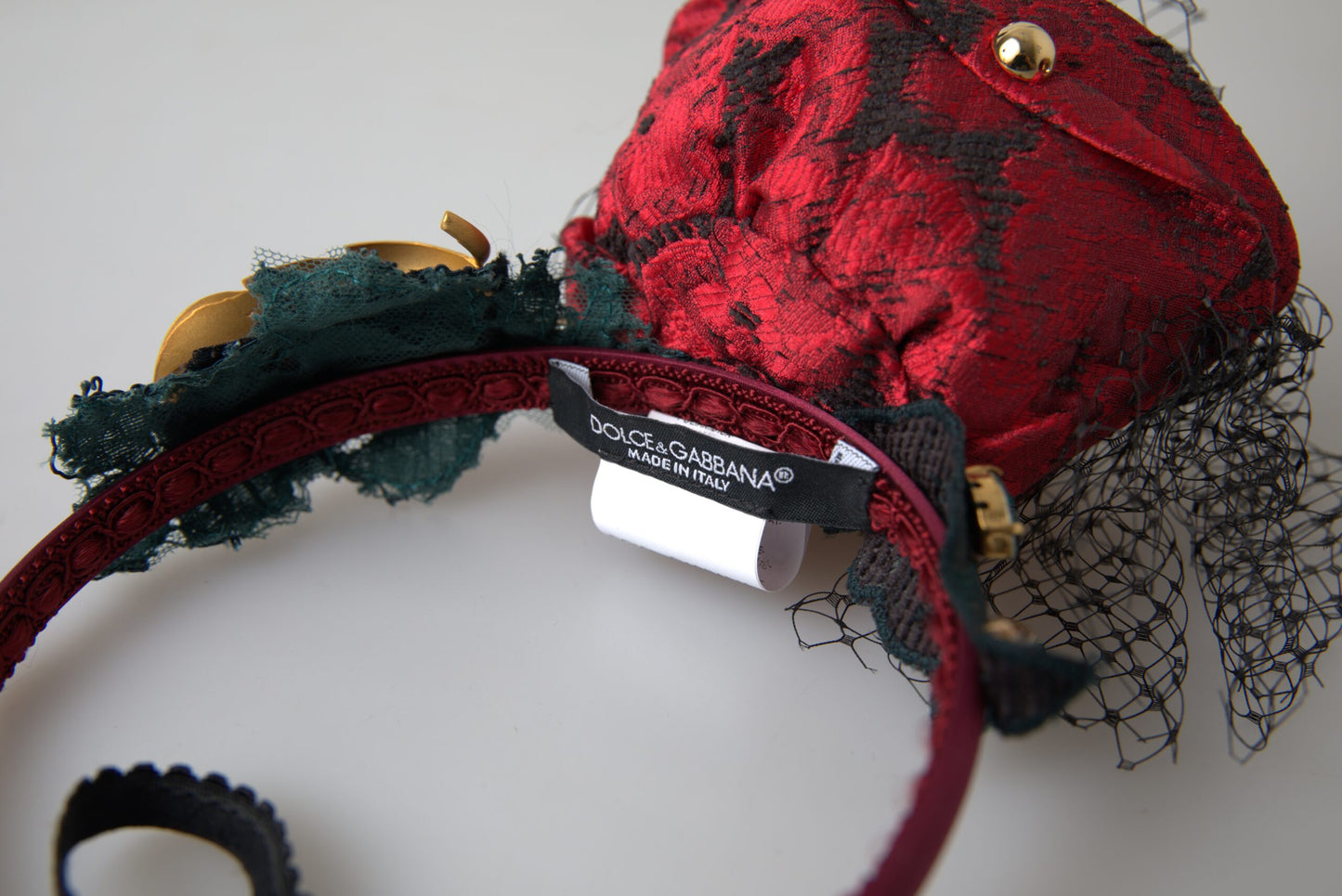 Bandeau diadème Dolce &amp; Gabbana rouge avec logo en filet de cristal de soie multicolore rose