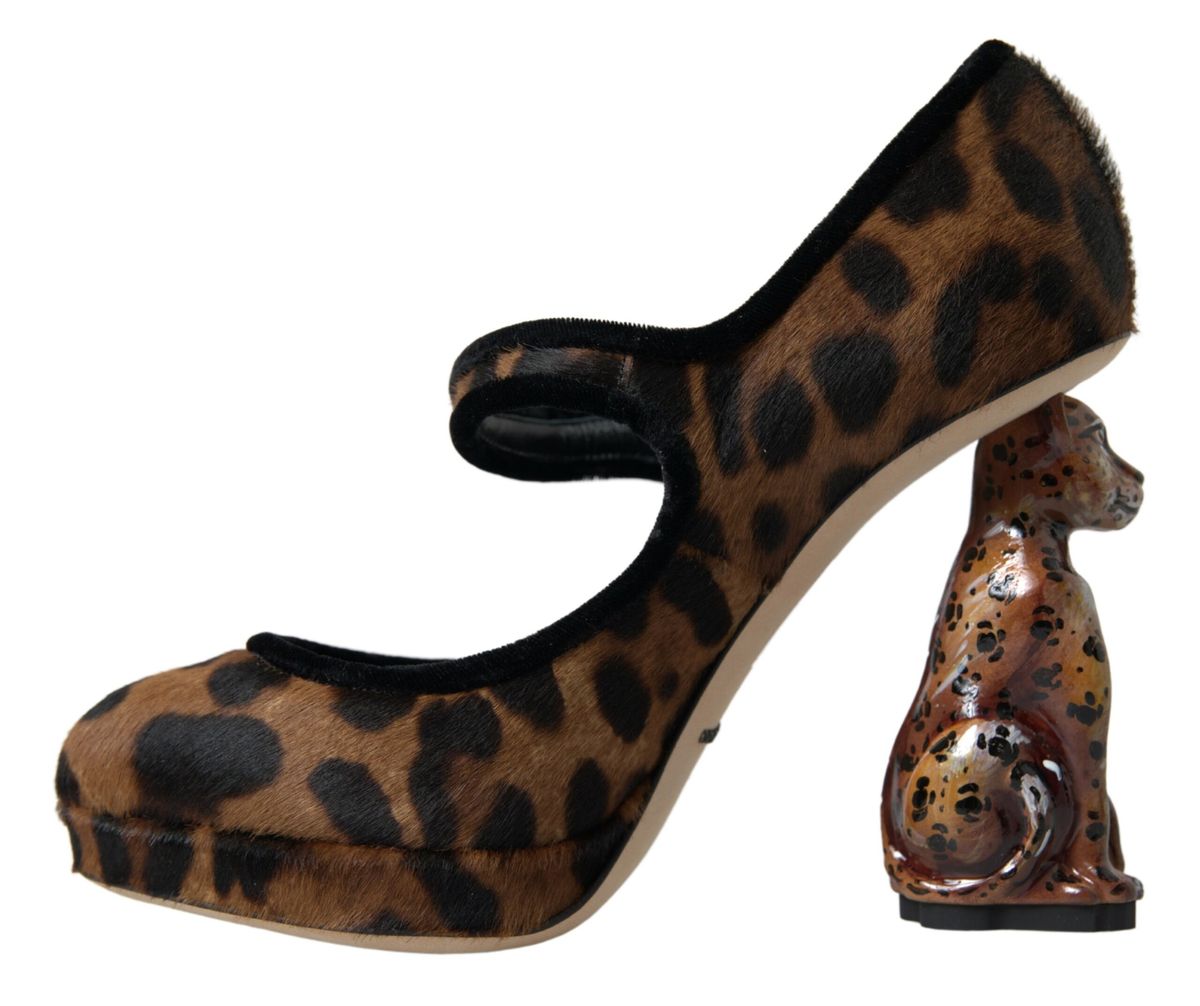 Escarpins Mary Jane à talons léopard en cuir de veau noir et marron Dolce &amp; Gabbana
