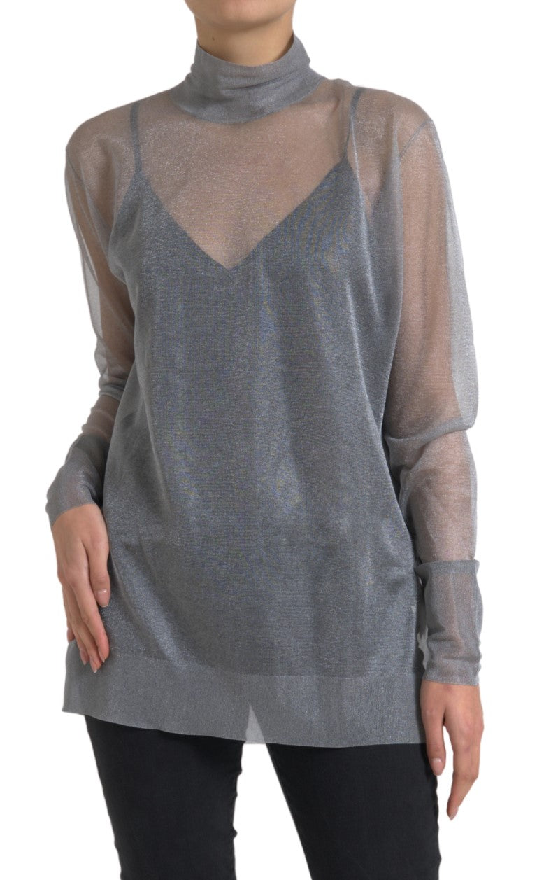 Dolce &amp; Gabbana, graues Rollkragen-Bluse-Oberteil aus Netzstoff mit langen Ärmeln