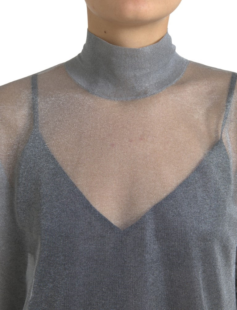 Dolce &amp; Gabbana, graues Rollkragen-Bluse-Oberteil aus Netzstoff mit langen Ärmeln
