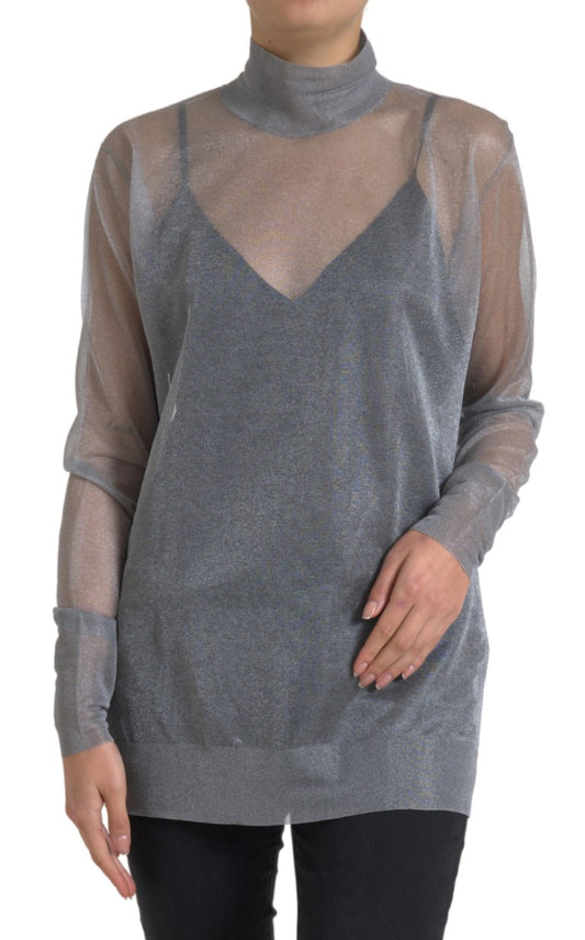 Dolce &amp; Gabbana, graues Rollkragen-Bluse-Oberteil aus Netzstoff mit langen Ärmeln