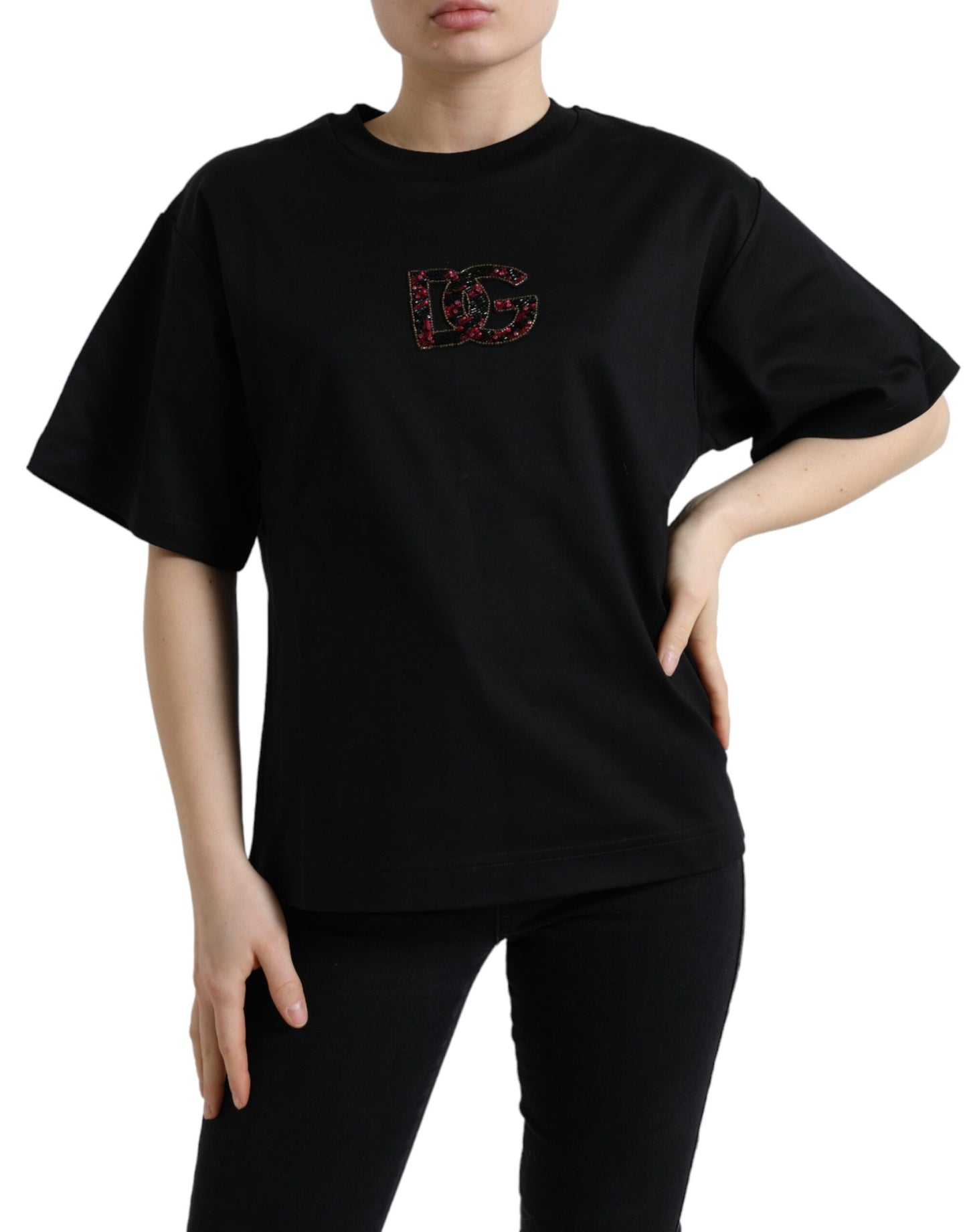 Dolce &amp; Gabbana Schwarzes Baumwoll-T-Shirt mit Rundhalsausschnitt und DG-Kristallen