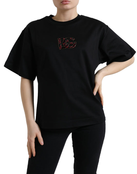 Dolce &amp; Gabbana Schwarzes Baumwoll-T-Shirt mit Rundhalsausschnitt und DG-Kristallen