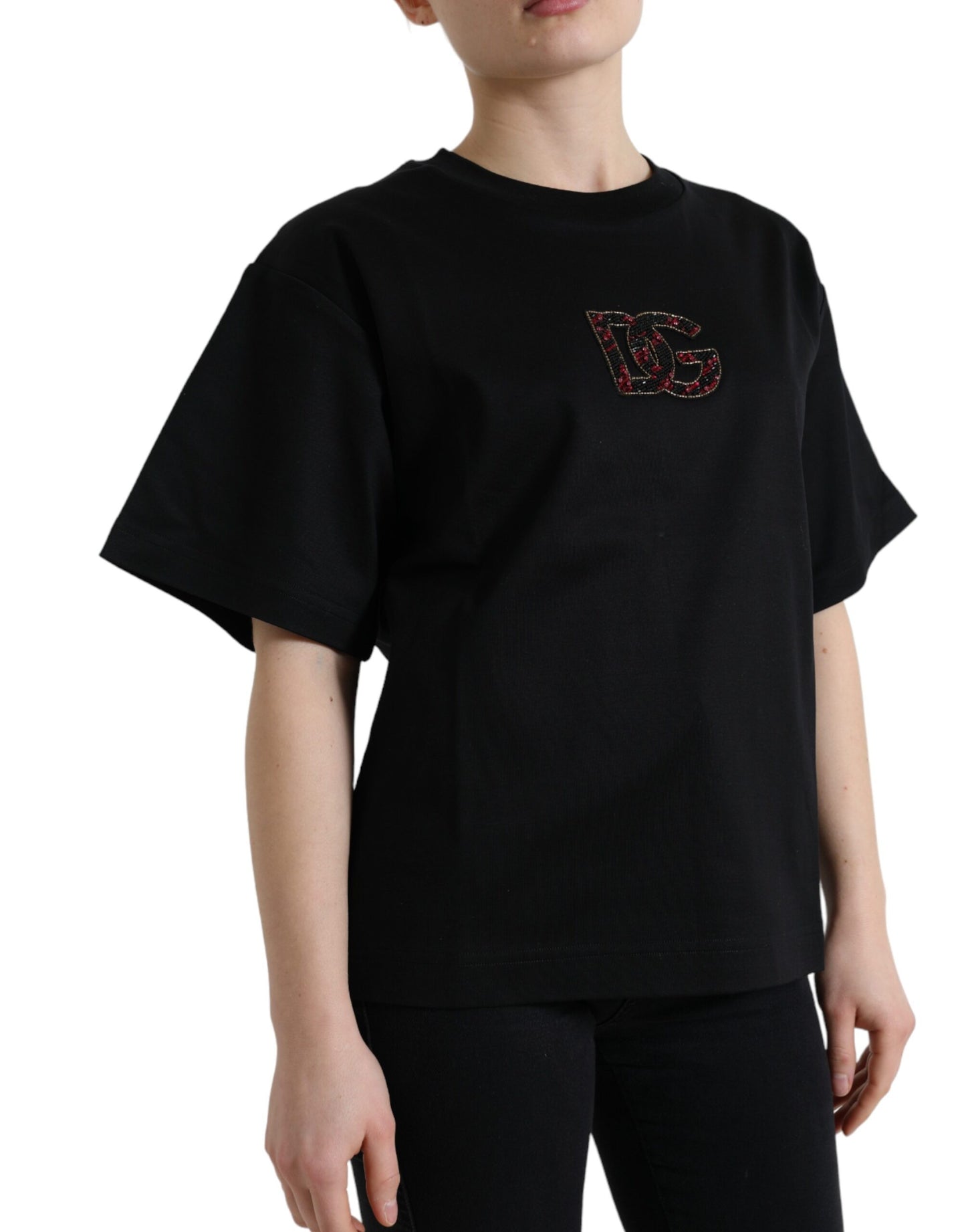 Dolce &amp; Gabbana Schwarzes Baumwoll-T-Shirt mit Rundhalsausschnitt und DG-Kristallen