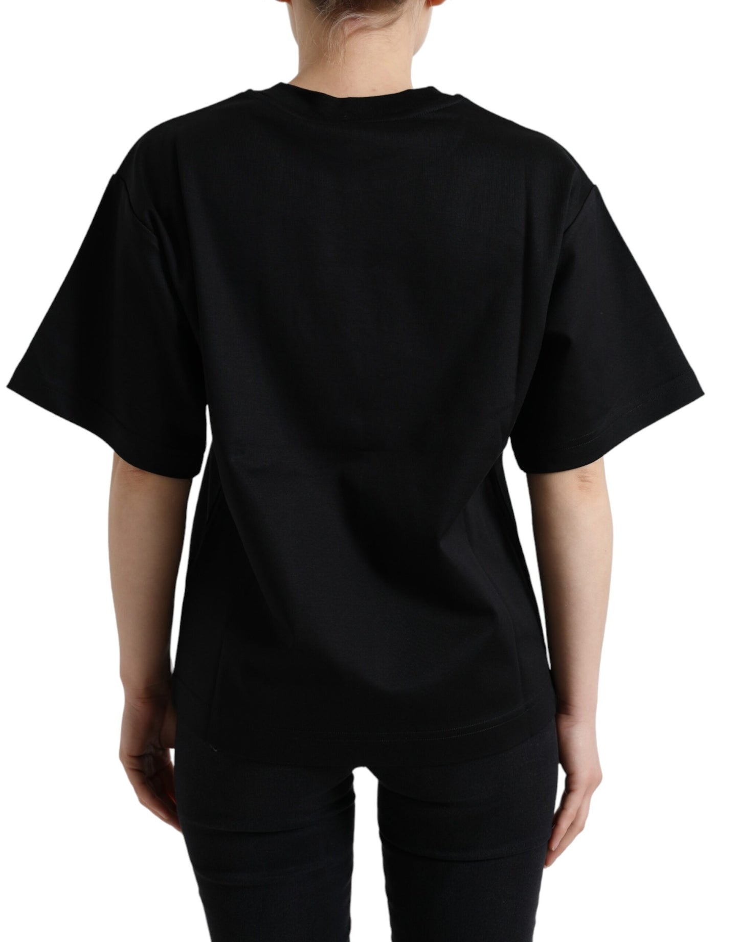 Dolce &amp; Gabbana Schwarzes Baumwoll-T-Shirt mit Rundhalsausschnitt und DG-Kristallen