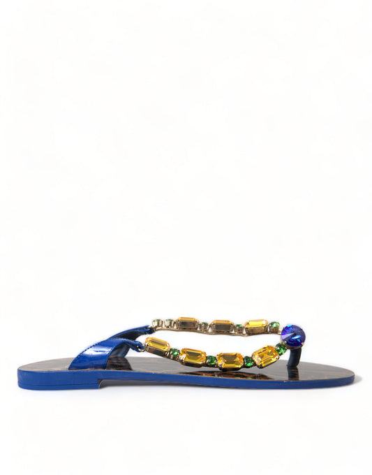 Sandales plates Dolce &amp; Gabbana à cristaux bleus, vêtements de plage