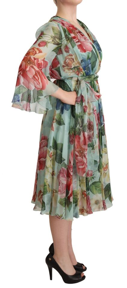 Robe portefeuille mi-longue en soie à fleurs multicolores vertes Dolce &amp; Gabbana