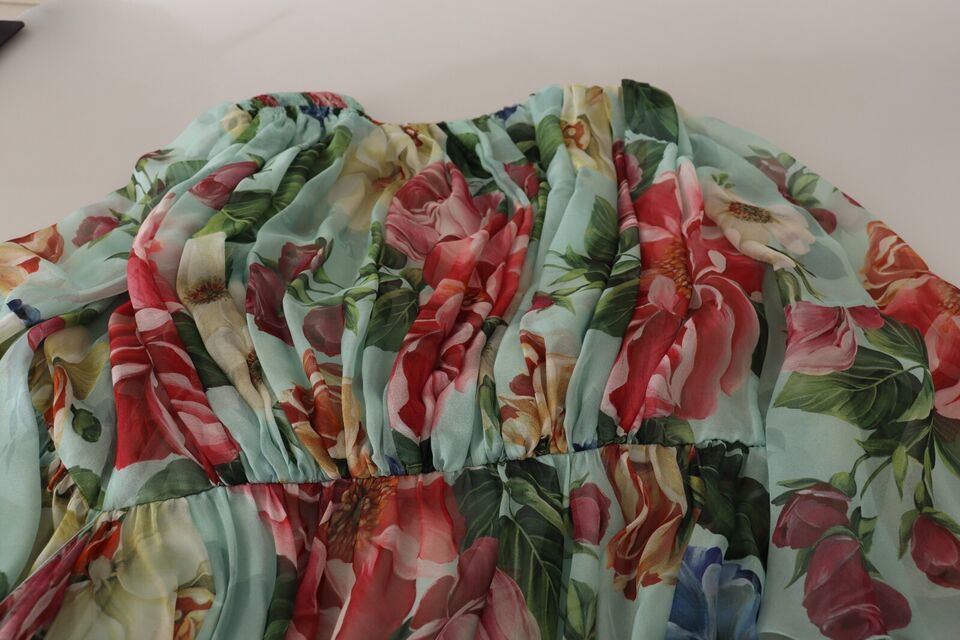 Robe portefeuille mi-longue en soie à fleurs multicolores vertes Dolce &amp; Gabbana