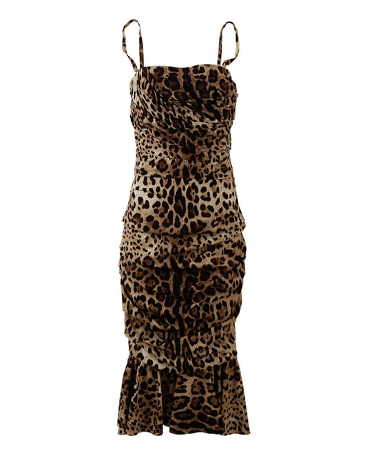 Dolce &amp; Gabbana – Braunes, gerüschtes Midikleid mit Leopardenmuster