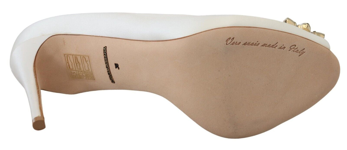 Escarpins en satin à talons peep toe et cristaux blancs Dolce &amp; Gabbana