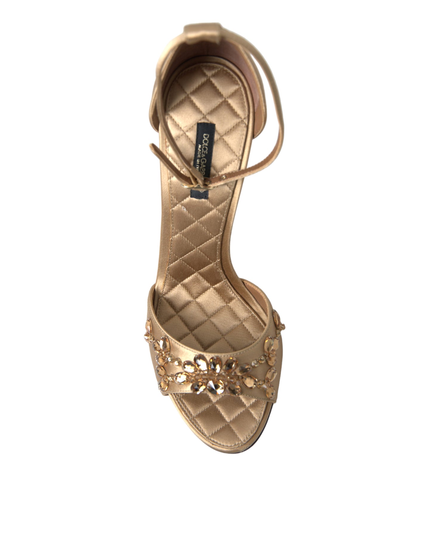 Sandales Dolce &amp; Gabbana en satin doré avec bride à la cheville et cristaux