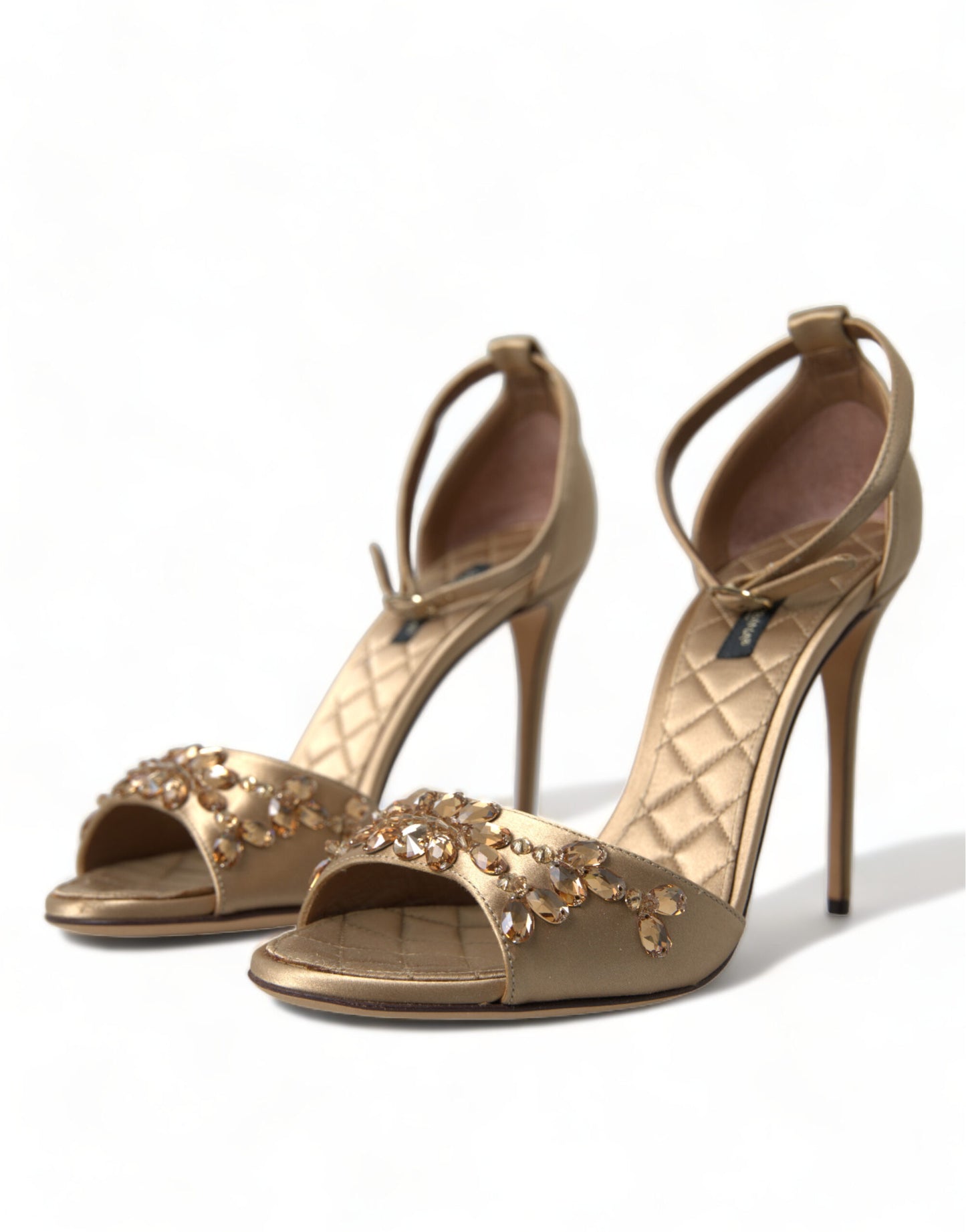 Sandales Dolce &amp; Gabbana en satin doré avec bride à la cheville et cristaux