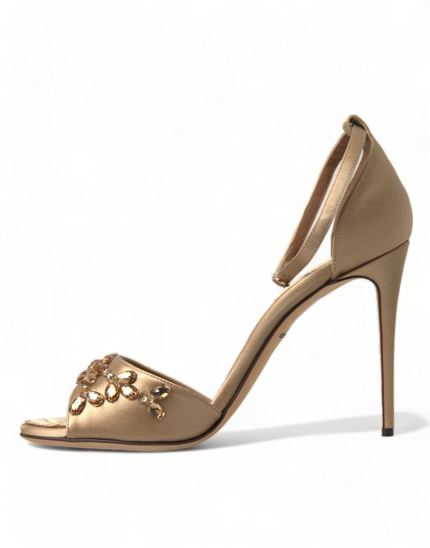 Sandales Dolce &amp; Gabbana en satin doré avec bride à la cheville et cristaux