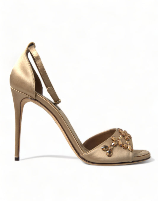 Sandales Dolce &amp; Gabbana en satin doré avec bride à la cheville et cristaux