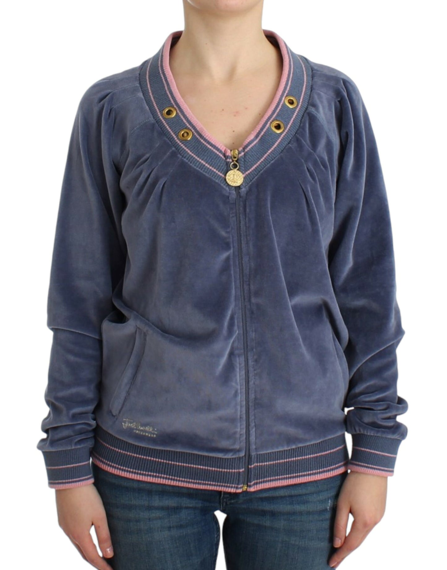 Pull zippé en velours bleu Cavalli