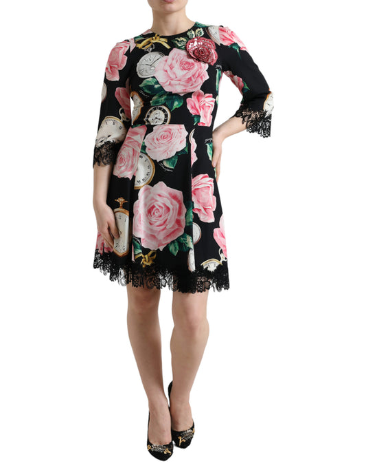 Robe trapèze noire en dentelle à fleurs Dolce &amp; Gabbana