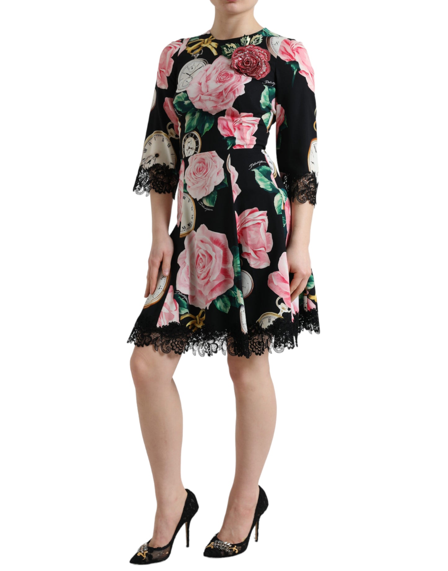 Robe trapèze noire en dentelle à fleurs Dolce &amp; Gabbana