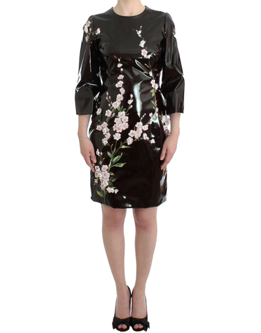 Robe noire vernie à fleurs peinte à la main Dolce &amp; Gabbana