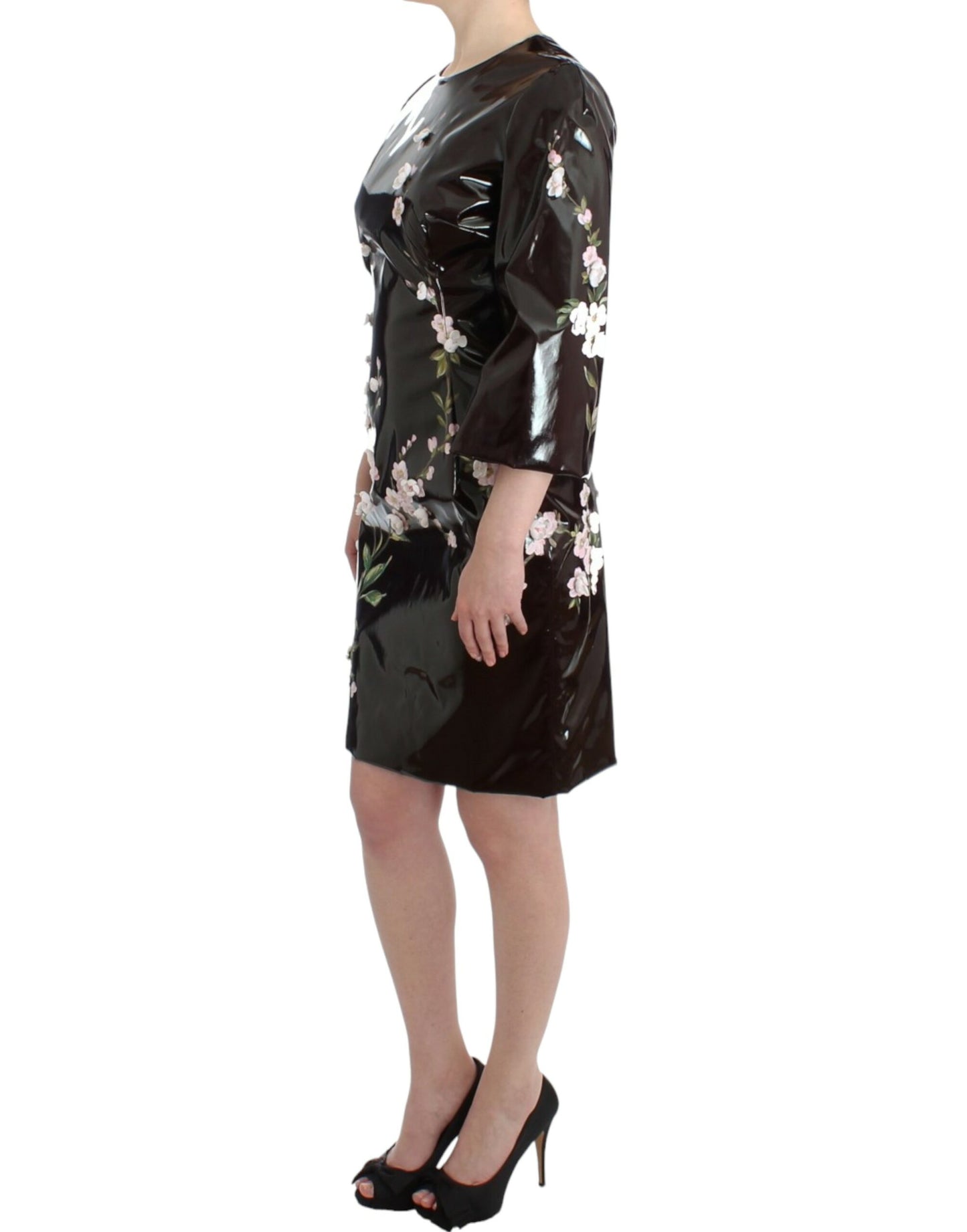 Robe noire vernie à fleurs peinte à la main Dolce &amp; Gabbana
