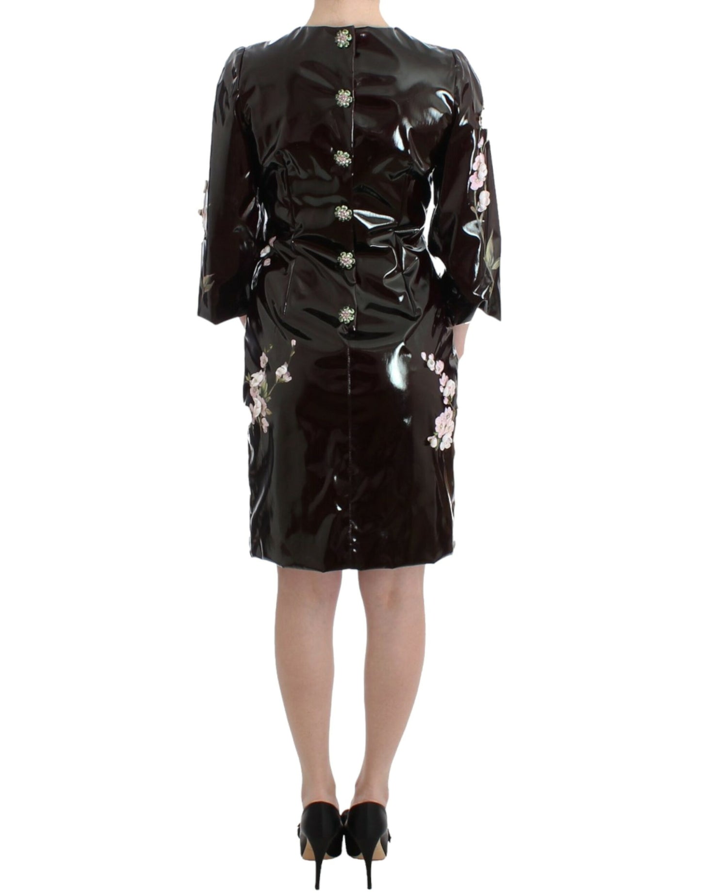 Robe noire vernie à fleurs peinte à la main Dolce &amp; Gabbana