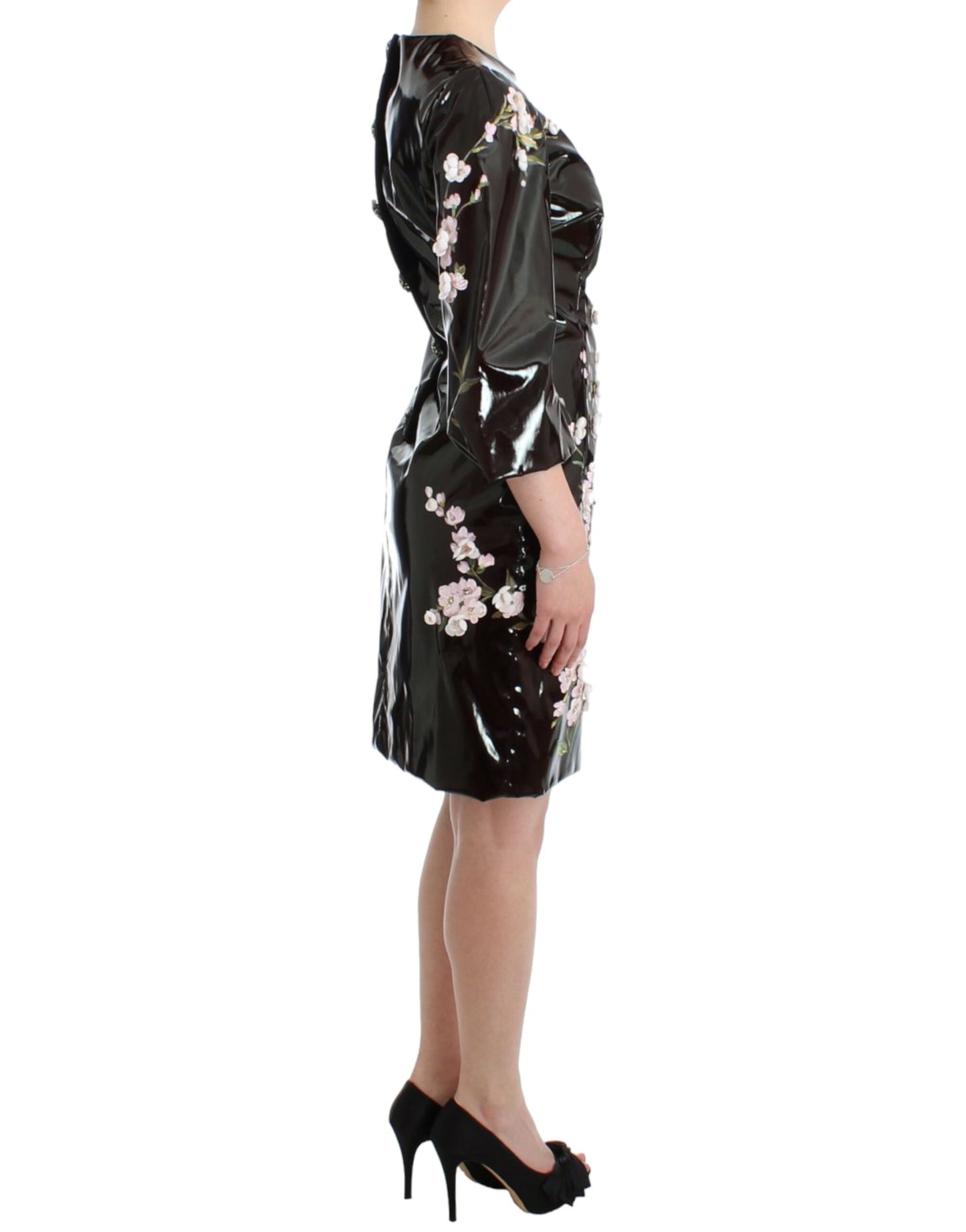 Robe noire vernie à fleurs peinte à la main Dolce &amp; Gabbana