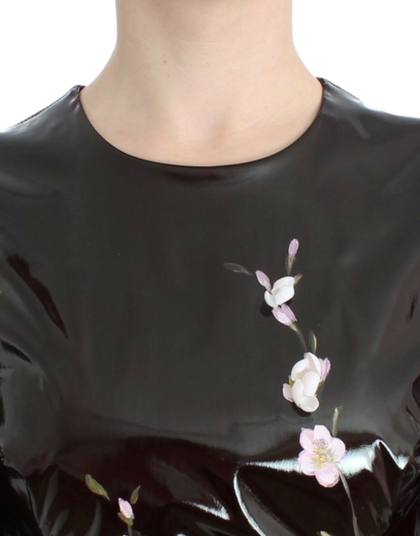Robe noire vernie à fleurs peinte à la main Dolce &amp; Gabbana