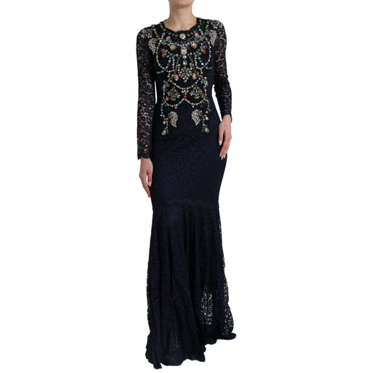 Robe longue en dentelle florale à cristaux bleus Dolce &amp; Gabbana
